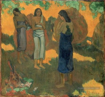  Primitivisme Peintre - Trois femmes tahitiennes sur fond jaune postimpressionnisme Primitivisme Paul Gauguin